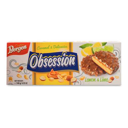 Печенье Bergen Obsession лимонное с карамелью, сухофруктами и орехами в шоколаде 140 г в Газпромнефть